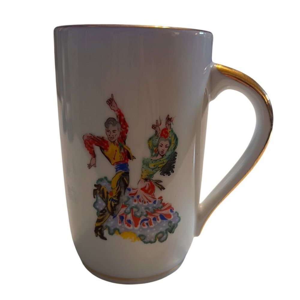 Vintage Barcelona Tall Coffee Tea Mug Ceramic Spanish Dancers Gold Trim Flamenco